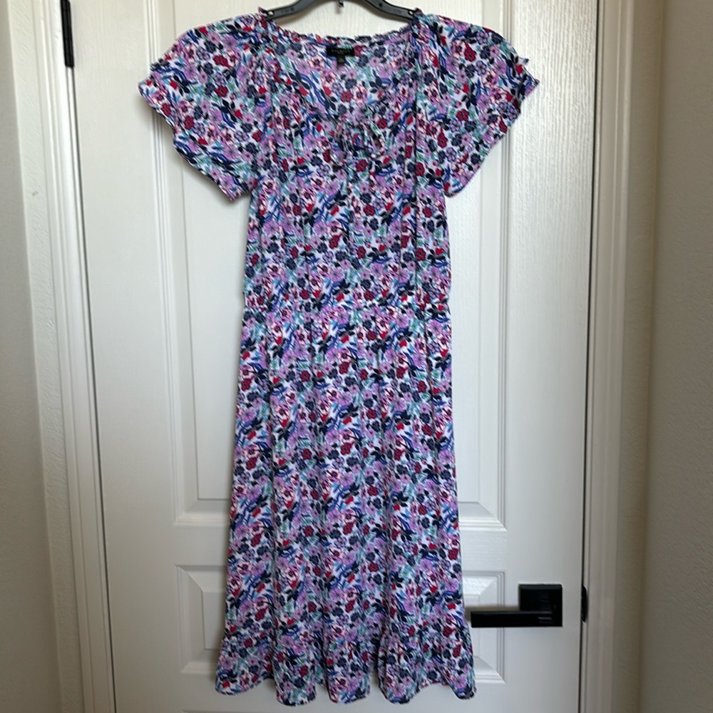 Talbots size 2p beautiful floral flutter sleeve dress .